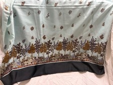 Vintage T Silky Japan Scarf Mint Blue Brown Scenic Border Floral Polyester Ponge