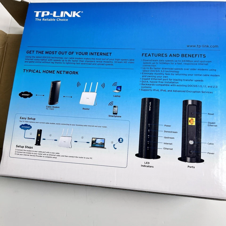 TP-LINK DOCSIS 3.0 Cable Modem: Model TC-7610, Gigabit Port, 343 Mbps - Image 4 of 4