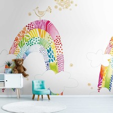 Enfants Motif Papier Peint Avec Coloré Arc en Ciel Et Oiseau – Coloré,Blanc,Rose
