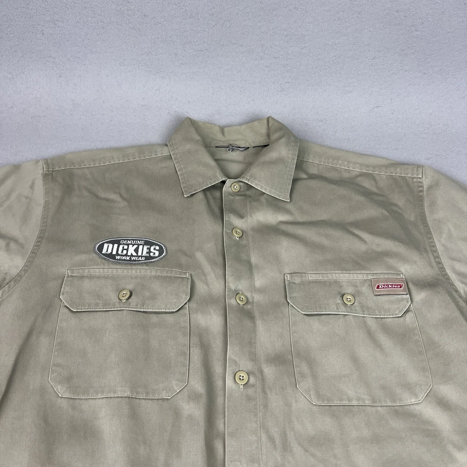 Dickies Work Wear Shirt Khaki Patch Mens 2XL Cotton Twill Industrial Uniform Foto 2 de 4