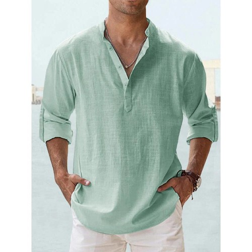 Streetwear Men Lightweight Shirts Long Sleeve Henley Cotton Linen Shirts for Men - Bild 15 von 31