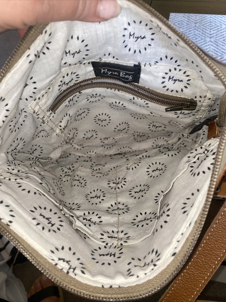 Myra Bag Dizzy Circle Upcycled Canvas Brown Leather Crossbody Purse Shoulder Bag 819699027539 eBay