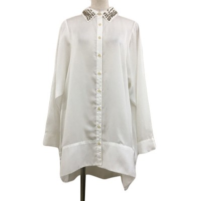 Mullour Blouse Shirt Tunic Studded Sheer Long Sleeve F White Used 