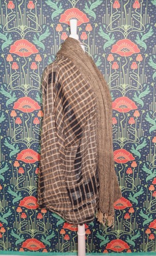 Santa Fe Hemp Woven Checked Cotton Brown Black Art To Wear Kimono Cardi Jacket - Picture 6 of 7
