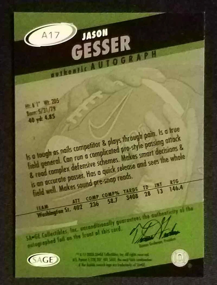 2003 Sage Hit #A17 Jason Gesser Gold Rookie Auto /250 Washington State NM-MINT++ - Image 2 of 2