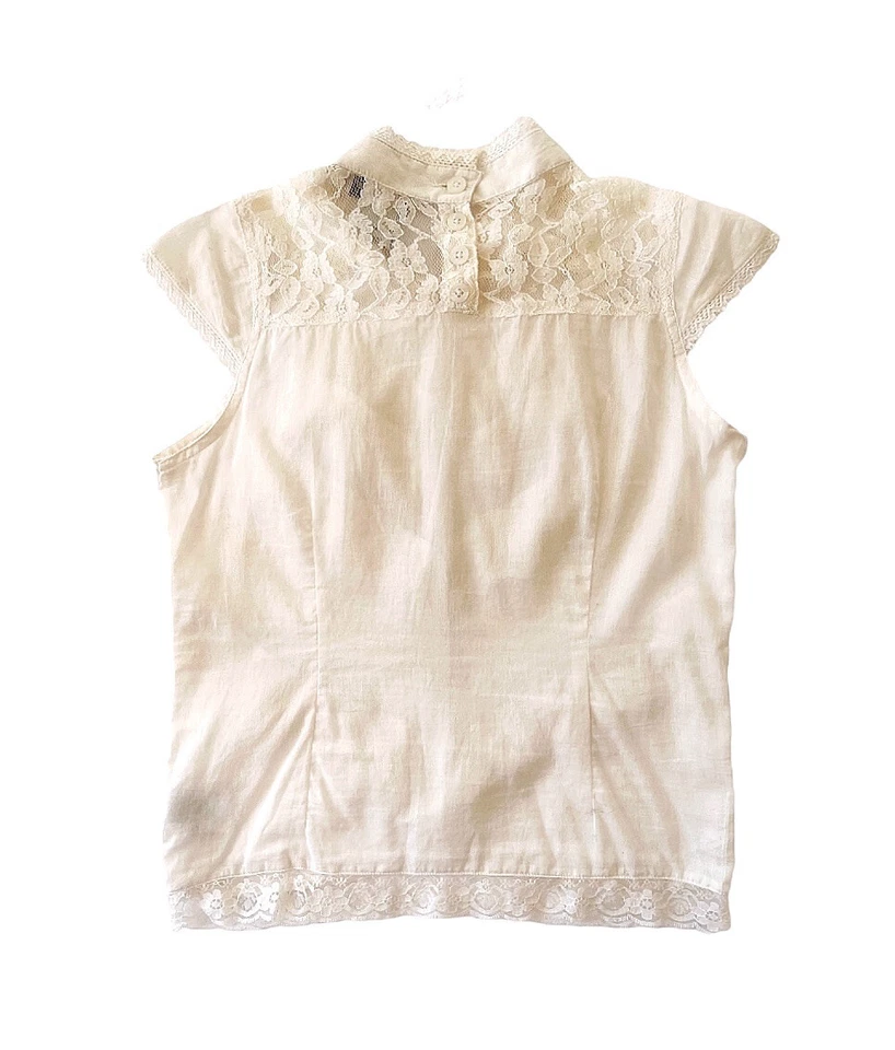 Vintage Guess Jeans Ruffled Lace Trim Ivory Blouse Top Girl’s Sz M (10-12) - Image 2 of 4