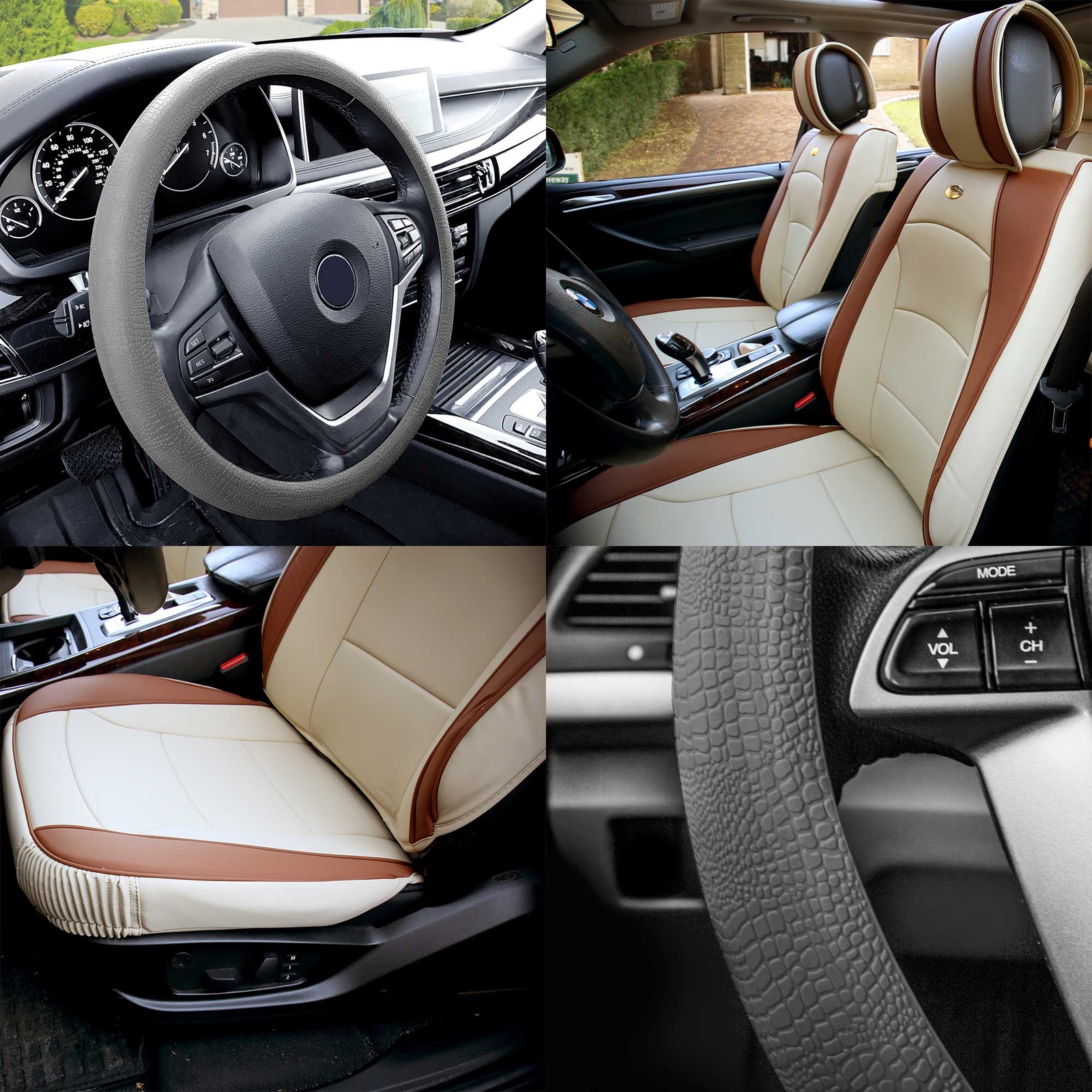 Car Seat Cover Leatherette Buckets Beige Tan w/ Gray Steering Cover For Motors