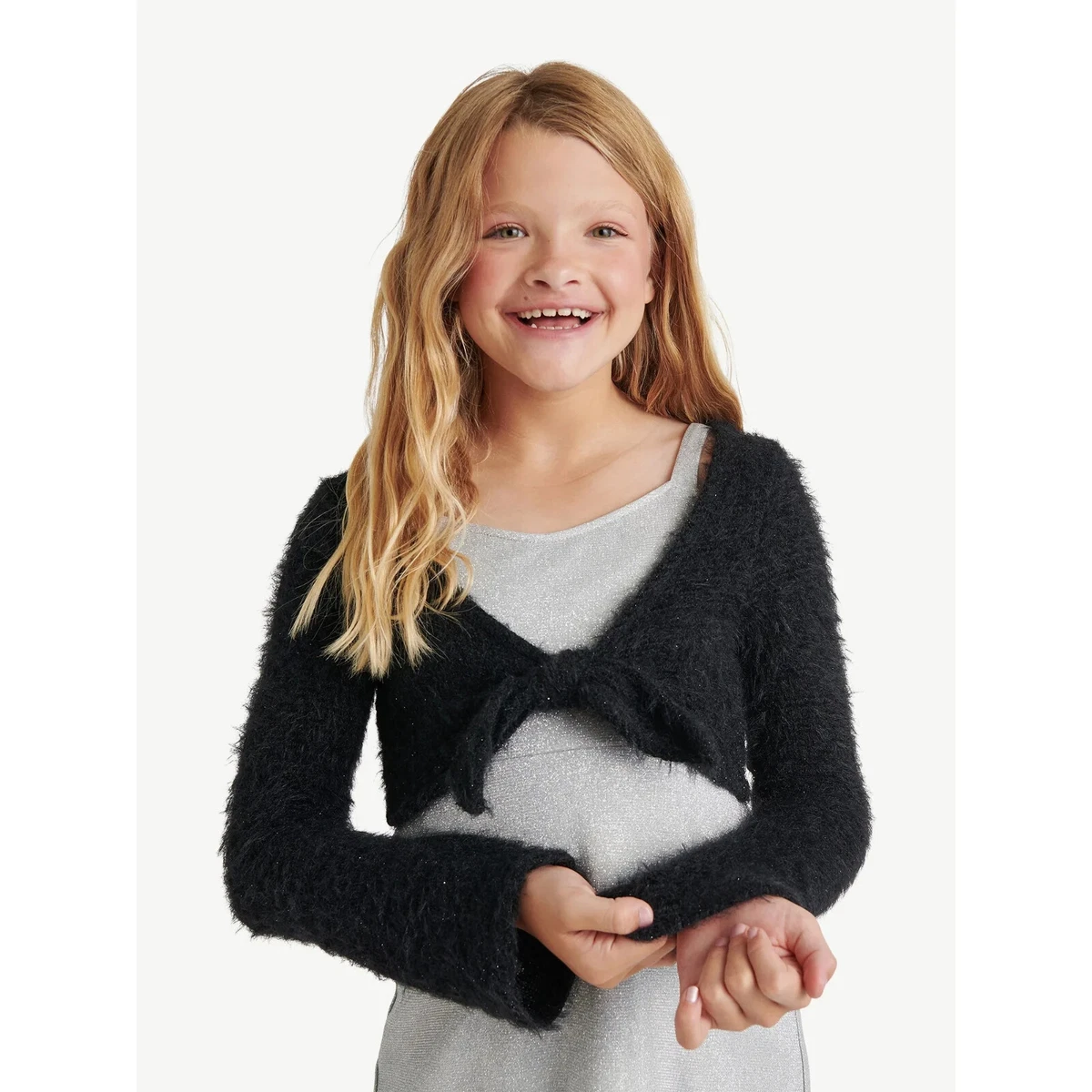 Justice Girls size L 12-14 Shimmer Dress With Fuzzy Overlayer COLOR Silver NEW