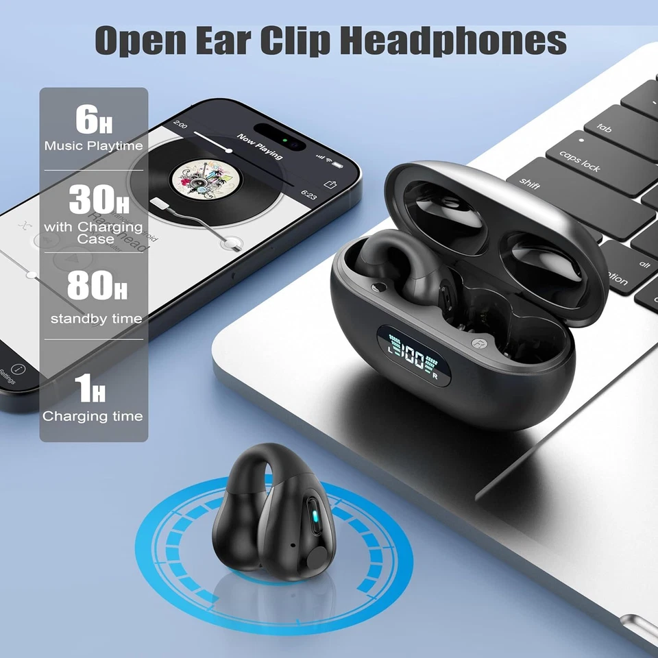 Bluetooth 5.3 Headset Wireless Ear Clip Earbuds Bone Conduction Headphones Sport - Image 2 of 4