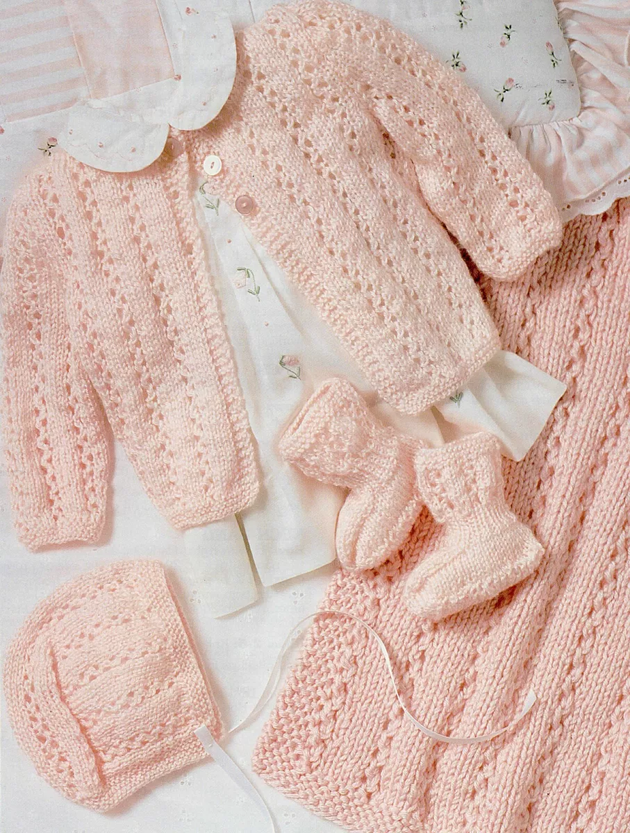 Knitting Pattern Baby Layette upto 6 months Blanket Cardigan Hat