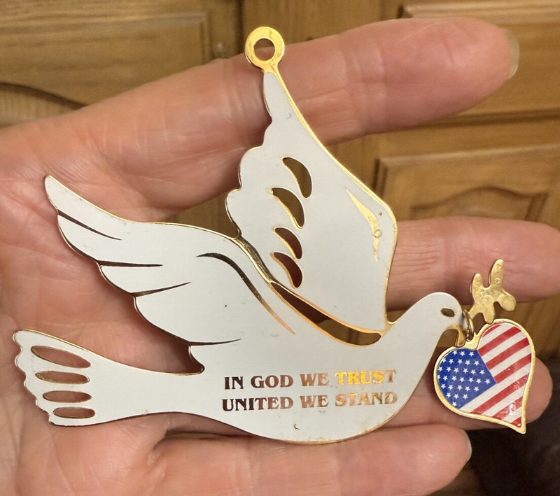 Dove of Peace Ornament w Heart Flag  -Signed G. Duchin 1987 -In God We Trust
