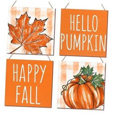 4Pcs Fall Wooden Hanging Sign Rustic Autumn Pumpkin Maple Leaf Wood Hanging