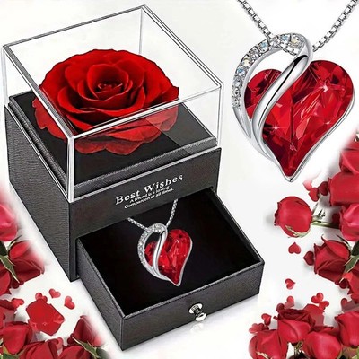 Preserved Eternal Real Rose Flower Gift Box With 14K Gold Plated Silver Necklace