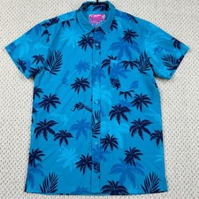 Retro Rifle Hawaiian Shirt Mens M Blue Vice City Palm Tree AOP Button Up Stretch