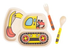 3 PCS Bamboo Kids Toddler Plate Fork Spoon Set Excavator Spill Proof Divided