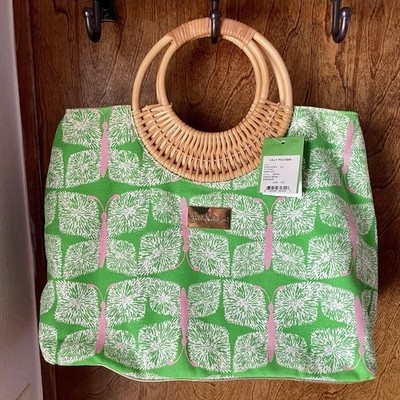 Lilly Pulitzer Green Bean Pressed Tote Wicker Handle Beach Bag NEW