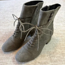 Botkier Lace Up Ankle Boots Women Olive Green Suede Buttons Heeled Booties 6.5