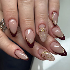 24Pcs Almond Press on Nails Medium French Tip Fake Nails Glitter Gold Bow Glue o