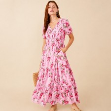 Hayden Los Angeles Pink Floral Smocked Maxi Dress Tiered Puff Sleeve M