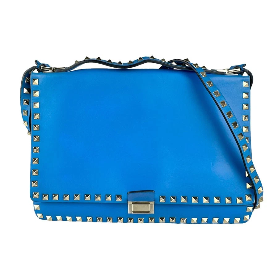Valentino — Auth Valentino Garavani Rockstuds Shoulder Bag Blue/Gold Leather/Metal - z9165
