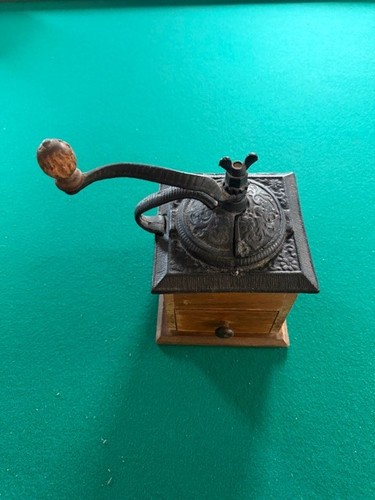 Vintage Cast Iron and Wood Hand Crank Coffee Grinder