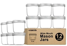 KAMOTA 8oz Wide Mouth Mason Jars, Canning, Jelly, Jam, Honey, Favors, 12-Pack