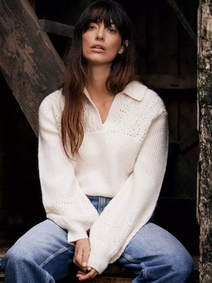 Mint Velvet Cream Pointelle Collar Fluffy Jumper Size L (UK 14-16) RRP £99 VGC