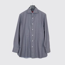 Isaia Napoli Shirt Size 17.5 44cm Blue Houndstooth Cotton Twill Made in Italy
