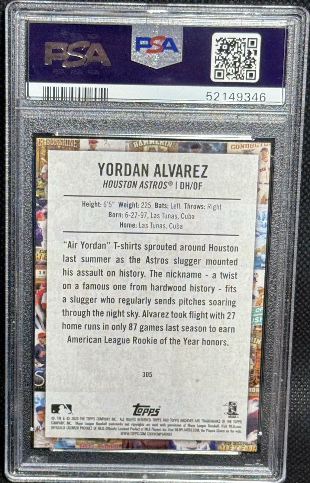 2020 Topps Archives YORDAN ALVAREZ #305 PSA 9 MINT Rookie RC Astros view 2