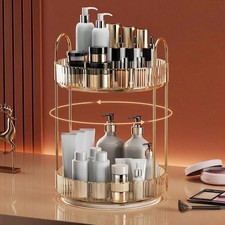 360 Rotating Makeup Organizer 2 Tier Amber Gold Vanity Skincare Perfume Rack