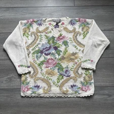 Vintage Karen Scott Hand Knit Sweater Size Medium White Floral Pattern Cottage
