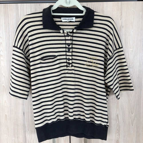 Sonia Rykiel, Vintage Sonia Rykiel Paris Womens L Striped Cotton Knit Polo Top Brown Tan Gold