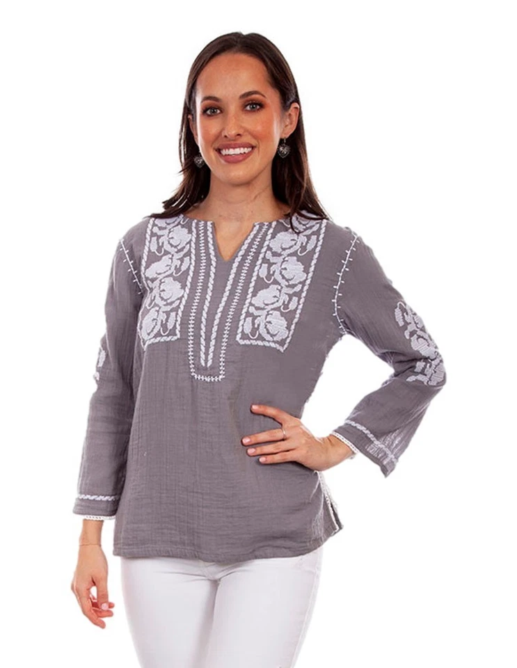 Scully Western Shirt Womens L/S Embroidered Crochet M Gray F0_HC825