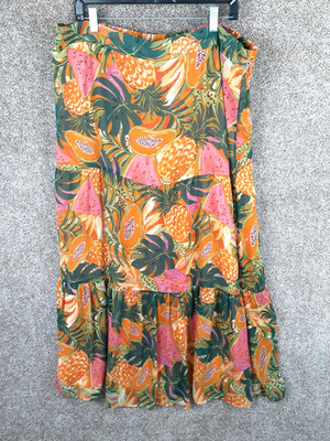 Daniel Rainn Tired Ruffle Tropical Fruit Maxi Skirt Womens 2X Pull On Aloha Boho