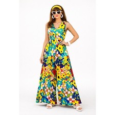 VTG 70s Sears At Home Wear S Floral Wide Leg Jumpsuit Palazzo Mod Psychedelic