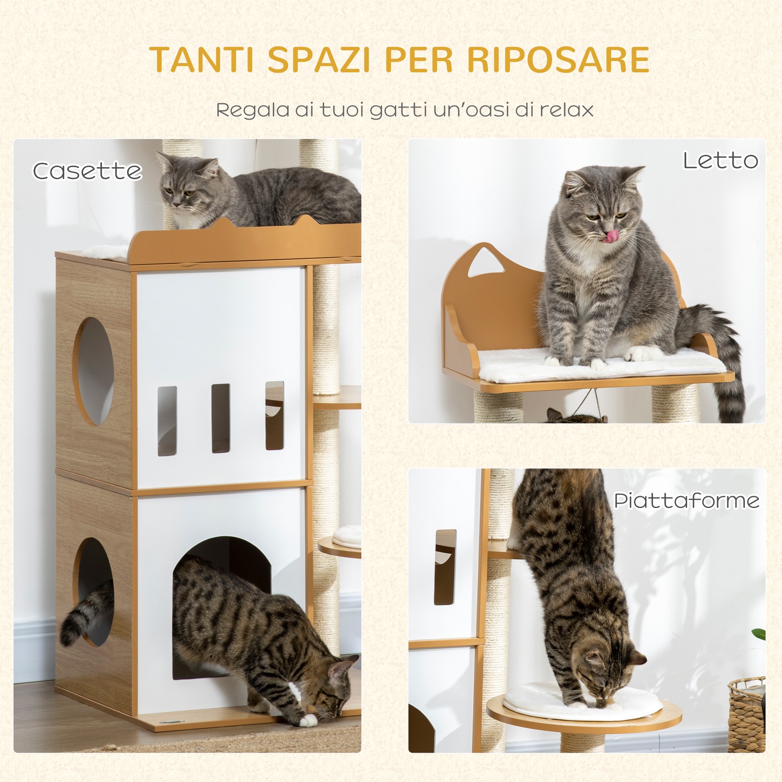 PawHut Albero per Gatti con Tiragraffi 2 Casette Posatoi e Pallina da Gioco foto 5