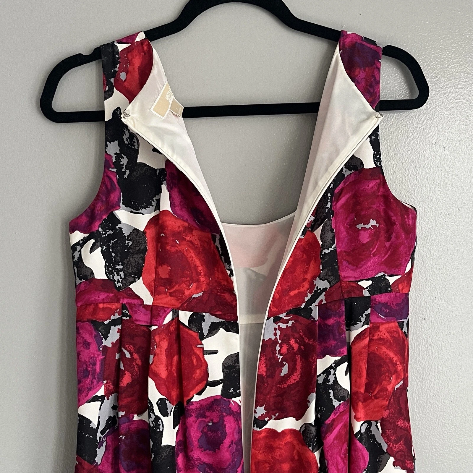 Abito Michael Kors seta floreale rosa rosso tubino sopra il ginocchio foderato senza maniche 6