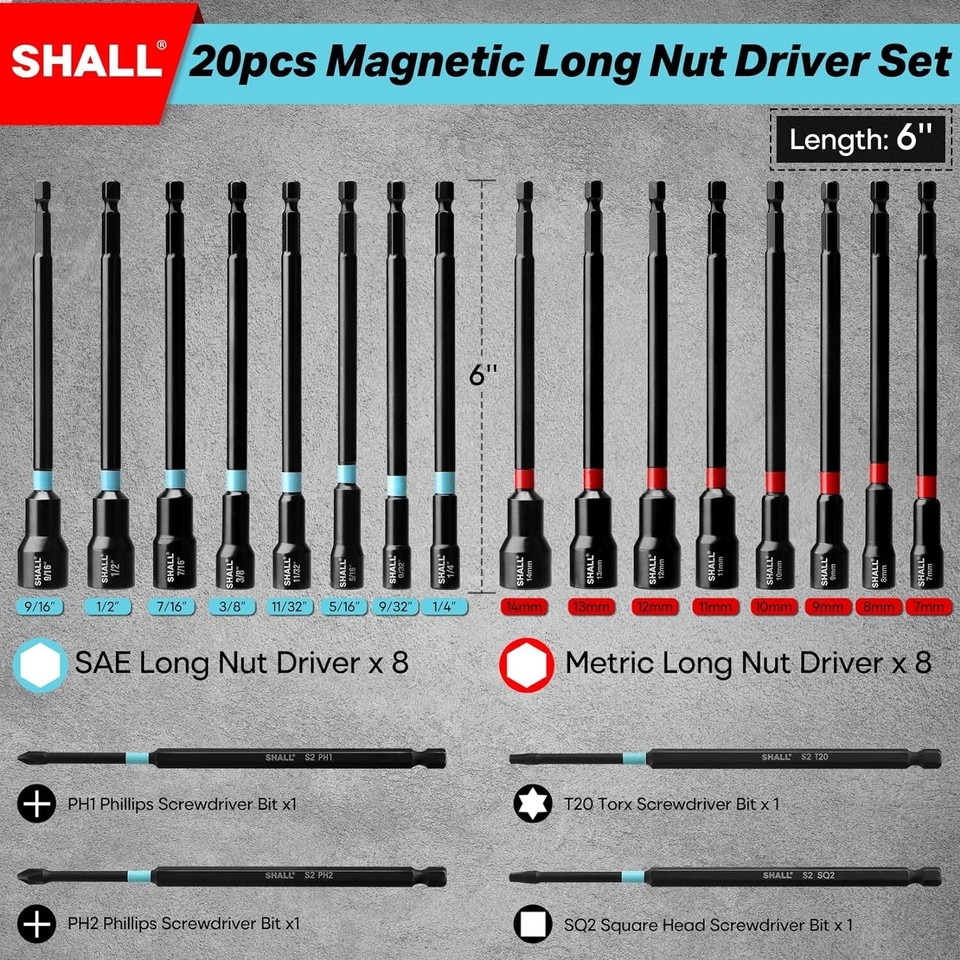 Shall 20PCS Magnetic Nut Driver Set, 6Long Nut Drivers For Impact Drill Sae Metric 1 4hex Shank Nut - View #2