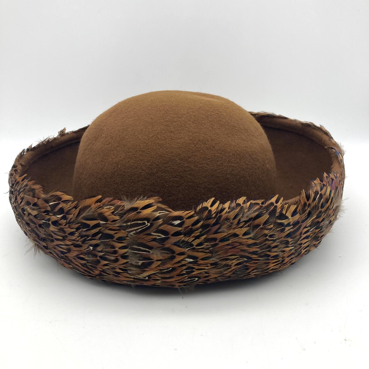 VINTAGE 1960s WPL Wool Genuine Feather Hat, Wide Brim Brown  display picture 1