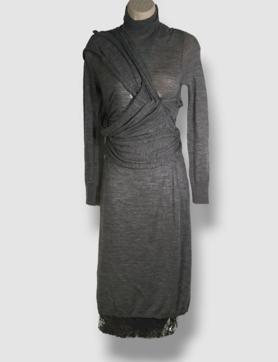 $850 Victoria Beckham Women Gray Layered Sequin Knit Turtleneck Dress Sz 6