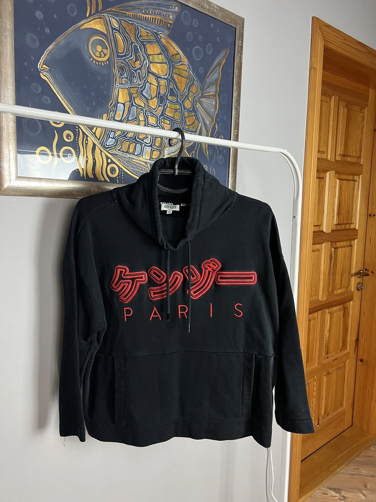 Felpa con cappuccio Kenzo Big Logo stile giapponese nera donna manica 3 4 taglia XS