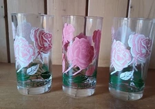 3 VTG BOSCUL 'PINK HYBRID TEA ROSE'  PEANUT BUTTER GLASSES .1950's 