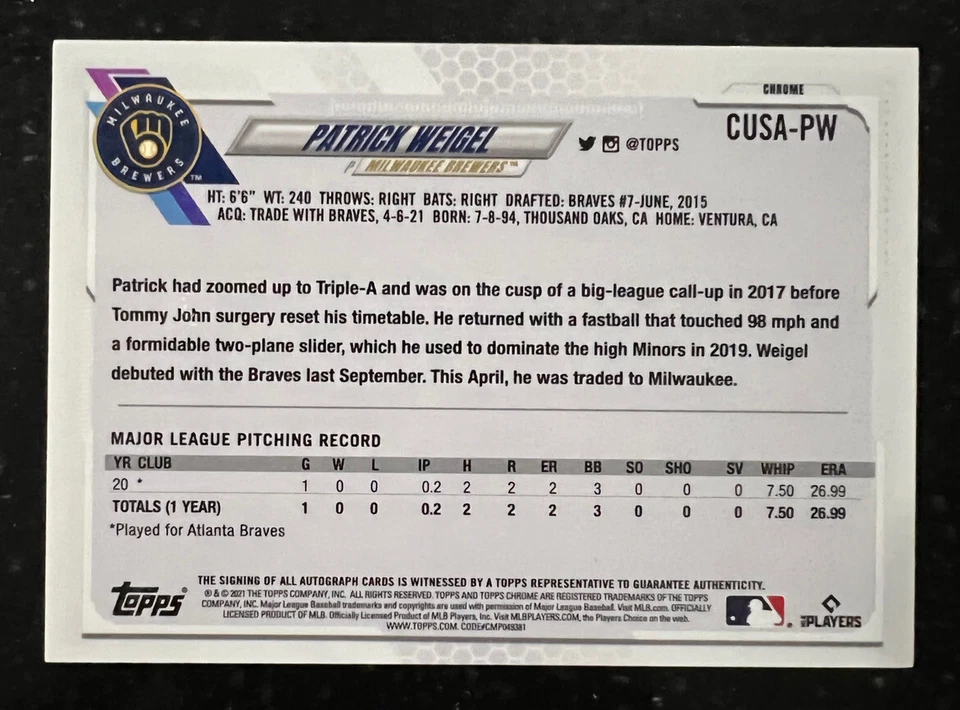 2021 Topps Chrome Update Rookie Auto CUSA-PW Patrick Weigel Topps Certified Auto - Image 2 of 2