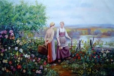 24x36 Two Ladies Talking On The Terrace Oil Painting Classic Portrait Woman