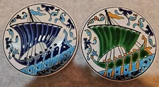 2 Ceramic 3.5" Tile Coaster Hand Made  NIARCHOS HELLAS Ship Scene England 