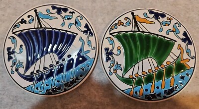 2 Ceramic 3.5'' Tile Coaster Hand Made  NIARCHOS HELLAS Ship Scene England 