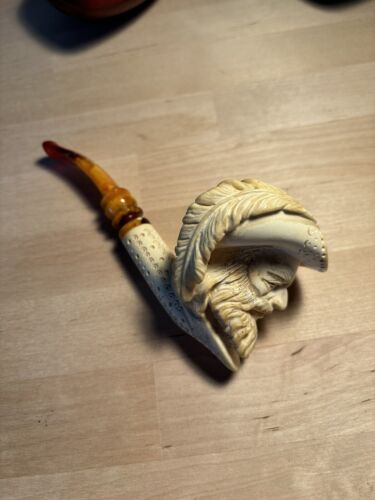 Genuine Block Meerschaum Levent Bent Billiard Feathered Hat Man Lattice W/ Case - Picture 3 of 19