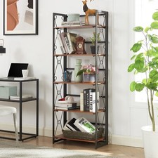 5Tier Folding Bookcase Storage Wooden Metal Frame Bookshelf Freestanding Shelves