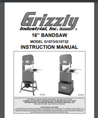 Grizzly 16'' Bandsaw G1073 & G173Z Instruction and Parts Manual Gloss Protectors