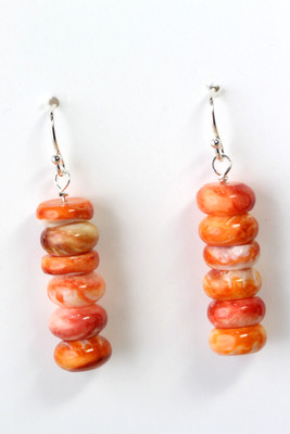 Spiny Oyster Natural Orange White 4 x 8mm Roundel .925 Sterling Silver Earrings